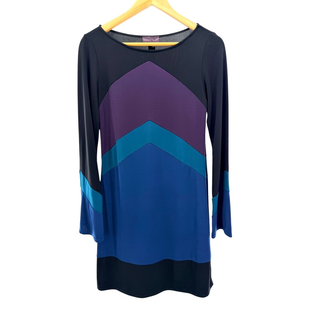 Hale Bob Womens Chevron Colorblock Long Sleeve Tunic Mini Dress‎ Black Purple S